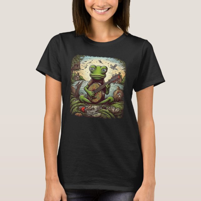 Cute Frog Playing Guitar Near The Pond Men Women C T-Shirt (Front)