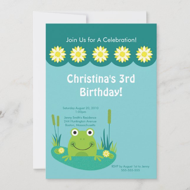 Cute Frog Pond Birthday Party Invitation (Front)