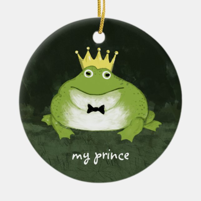 Cute Frog Prince with Custom Text Charming Groom Ceramic Tree Decoration (Front)