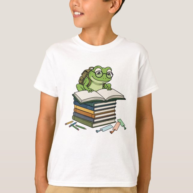 Cute Frog Reader - Bookworm Student T-Shirt (Front)