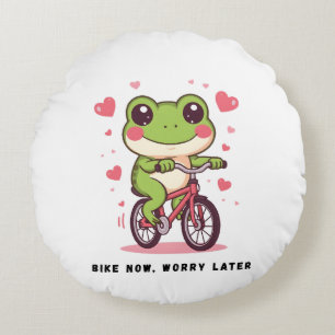 Cute Frog Riding Bicycle   Funny Frog Lover Gift Round Cushion