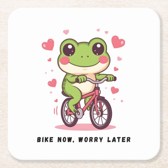 Cute Frog Riding Bicycle | Funny Frog Lover Gift Square Paper Coaster (Front)