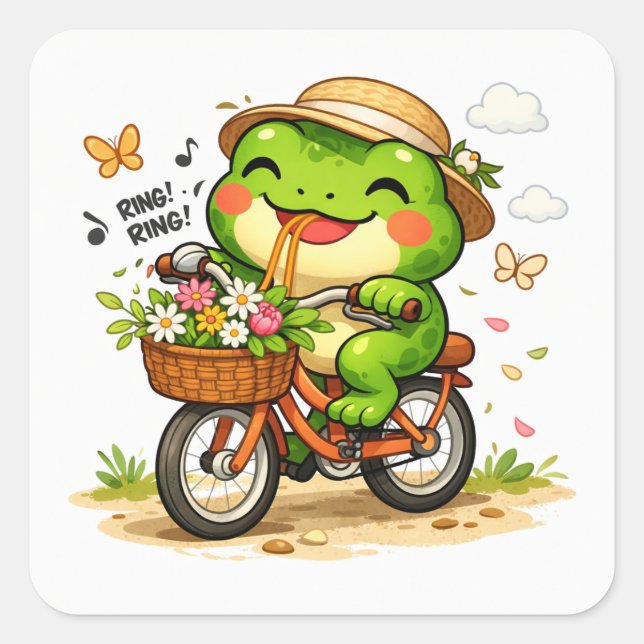 Cute Frog Riding Bicycle Square Sticker (Front)