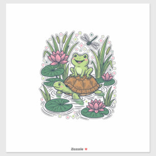 Cute Frog Riding Turtle Pond Vintage Vector Art_1