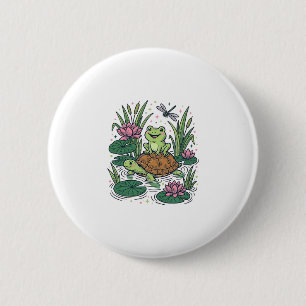 Cute Frog Riding Turtle Pond Vintage Vector Art_1 6 Cm Round Badge