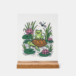 Cute Frog Riding Turtle Pond Vintage Vector Art_1 Acrylic Sign