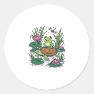 Cute Frog Riding Turtle Pond Vintage Vector Art_1 Classic Round Sticker