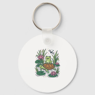 Cute Frog Riding Turtle Pond Vintage Vector Art_1 Key Ring