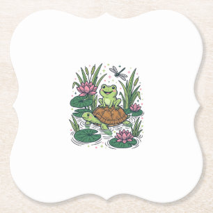 Cute Frog Riding Turtle Pond Vintage Vector Art_1 Paper Coaster