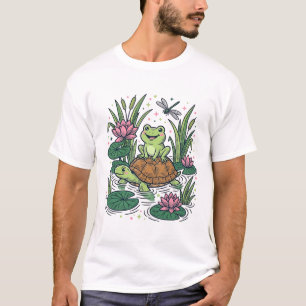 Cute Frog Riding Turtle Pond Vintage Vector Art_1 T-Shirt