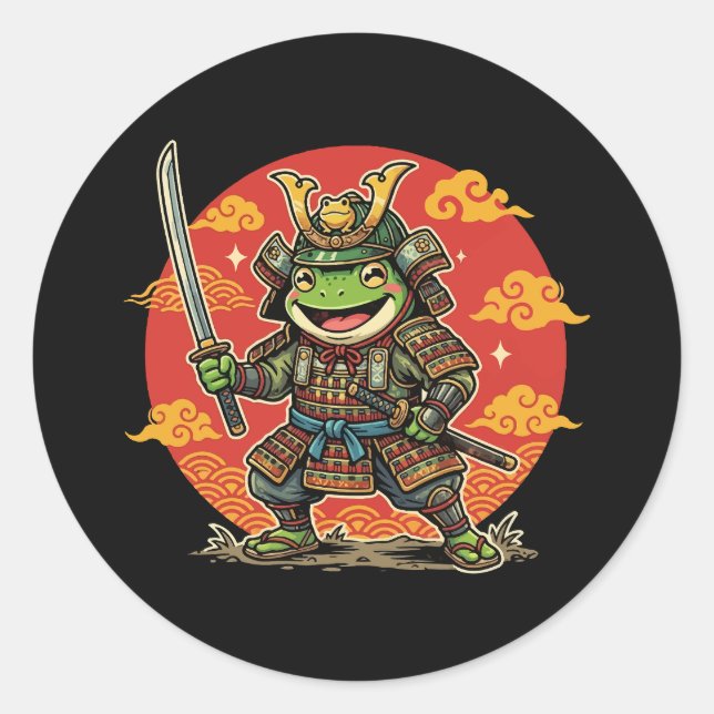 Cute Frog Samurai Cartoon Animal Warrior Design Classic Round Sticker (Front)