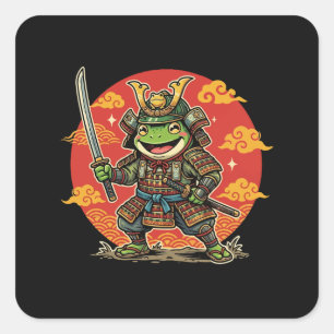 Cute Frog Samurai Cartoon Animal Warrior Design Square Sticker