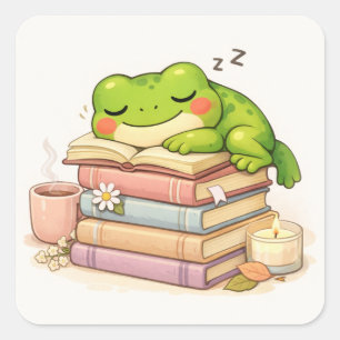 Cute Frog Sleeping on Books Square Sticker
