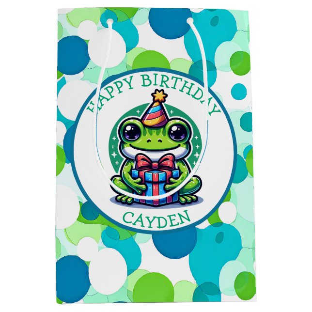Cute Frog Themed Boy's Birthday Boy Medium Gift Bag (Front)