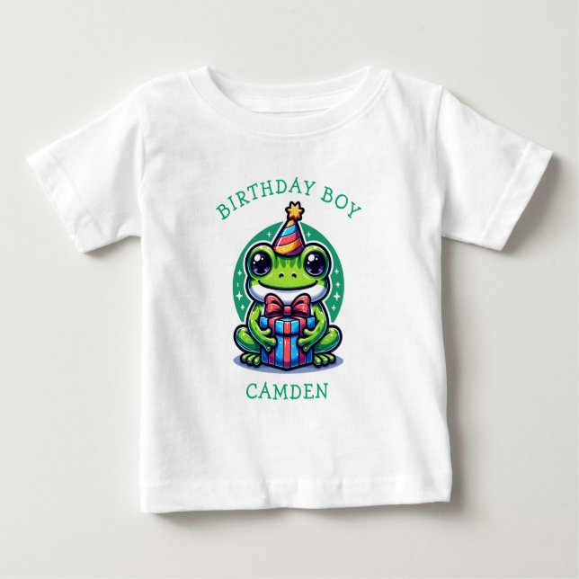 Cute Frog Themed Boy's Birthday Boy Personalised Baby T-Shirt (Front)