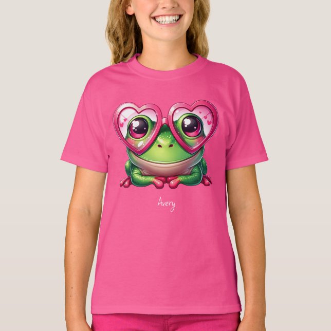 Cute Frog Wearing Oversized Heart Glasses T-Shirt (Front)