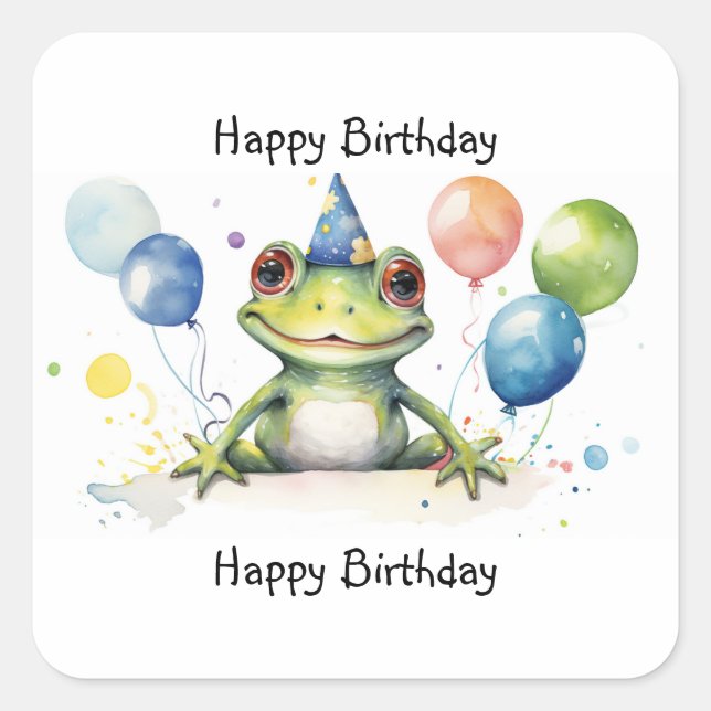 cute frog with balloons Happy Birthday Whimsical Square Sticker (Front)