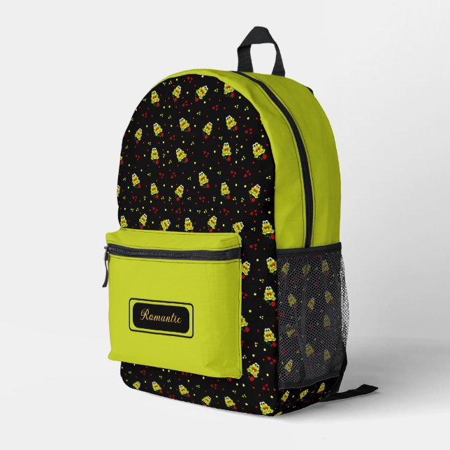 Cute frog with roses pattern printed backpack (Back Corner Right)