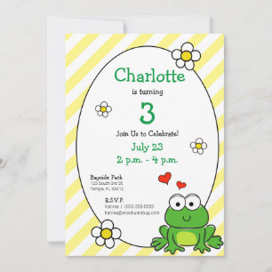 Cute Frog Yellow Stripe Birthday Party Invitation
