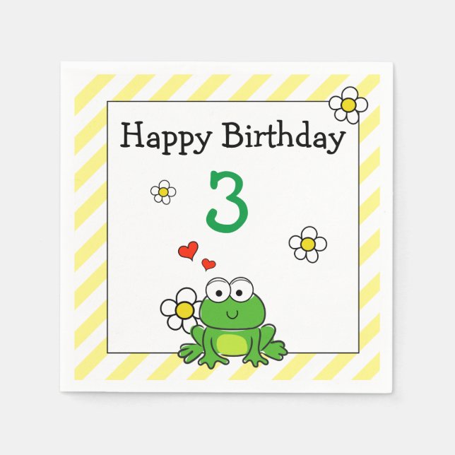 Cute Frog Yellow StripeBirthday Party Paper Napkin (Front)