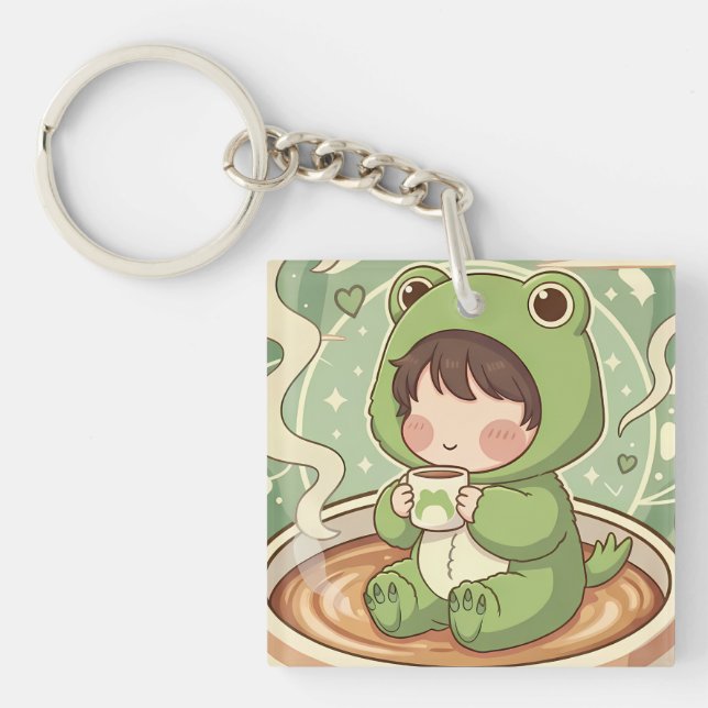 Cute Froggy Coffee Tale Design Key Ring (Front)