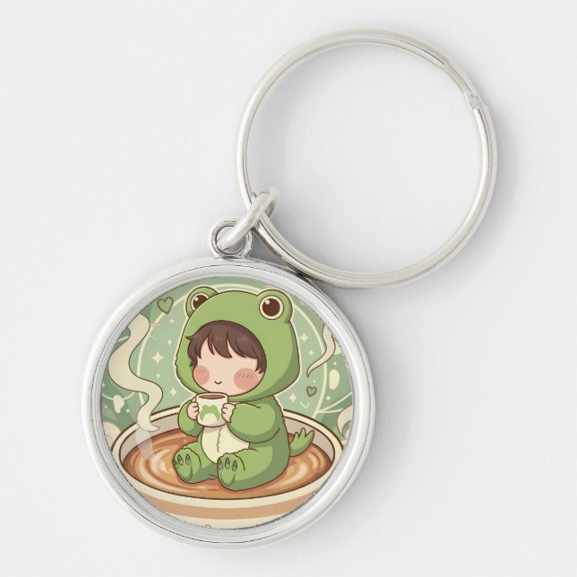 Cute Froggy Coffee Tale Design Key Ring (Front)