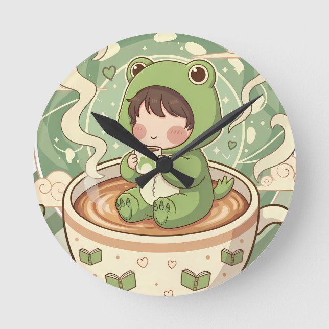 Cute Froggy Coffee Tale Design Round Clock (Front)