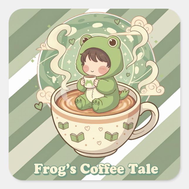 Cute Froggy Coffee Tale Design Square Sticker (Front)