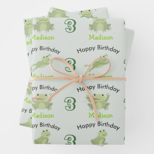 Cute Frogs in Lily Pond Birthday Kids Name Age Wrapping Paper Sheet