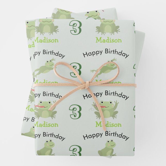 Cute Frogs in Lily Pond Birthday Kids Name Age Wrapping Paper Sheet (In situ)