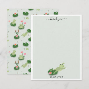 Cute Frogs in Lily Pond Custom Name Thank You Card