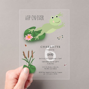 Cute Frogs in Lily Pond Hop On Over Kids Birthday Acrylic Invitations
