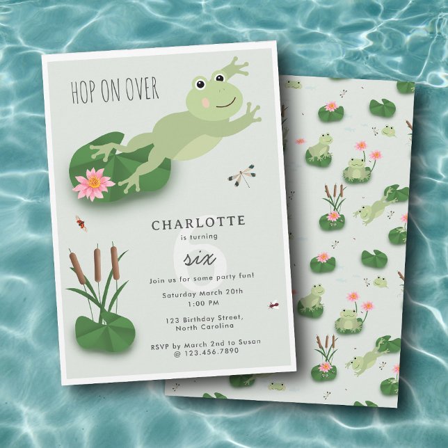 Cute Frogs in Lily Pond Hop On Over Kids Birthday Invitation (Cute Frogs in Lily Pond Hop On Over Kids Birthday Invitation)