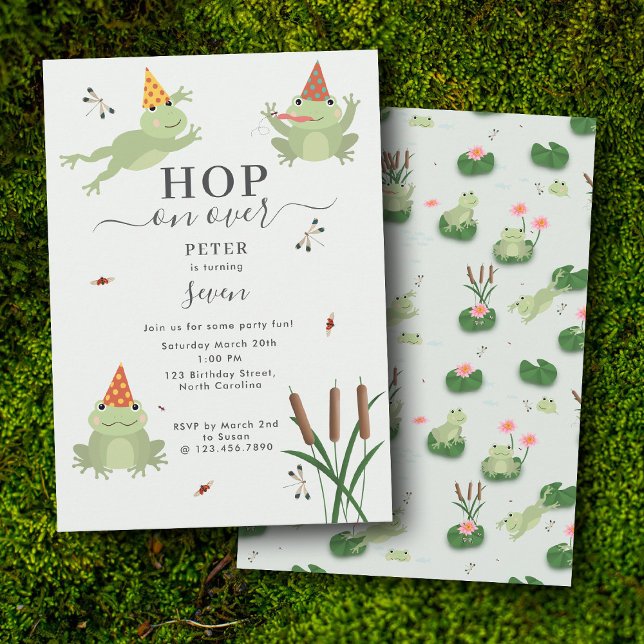 Cute Frogs in Lily Pond Hop On Over Kids Birthday Invitation (Cute Frogs in Lily Pond Hop On Over Kids Birthday Invitation)