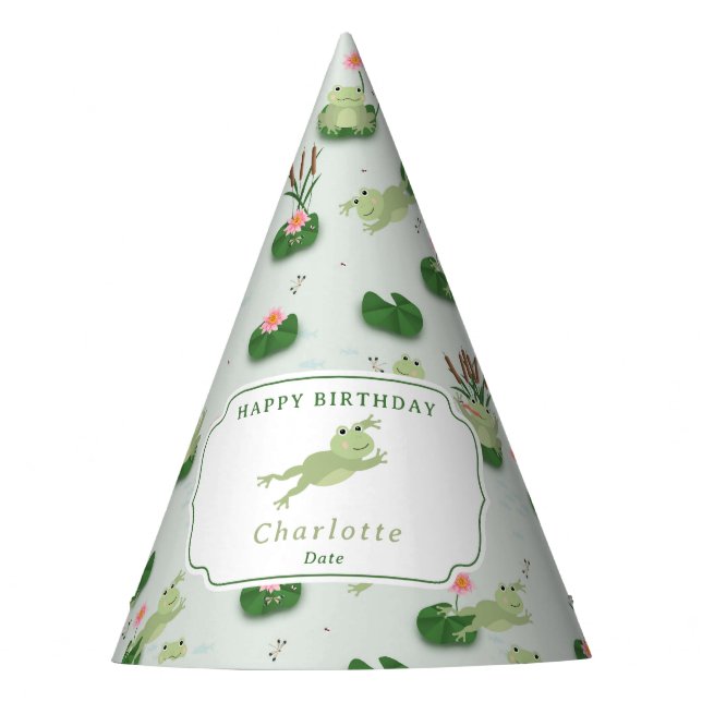 Cute Frogs in Lily Pond Kids Birthday Party Hat (Front)