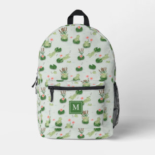 Cute Frogs in Lily Pond Monogrammed Initial Printed Backpack