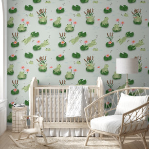 Cute Frogs in Lily Pond Nursery Gender Neutral Wallpaper
