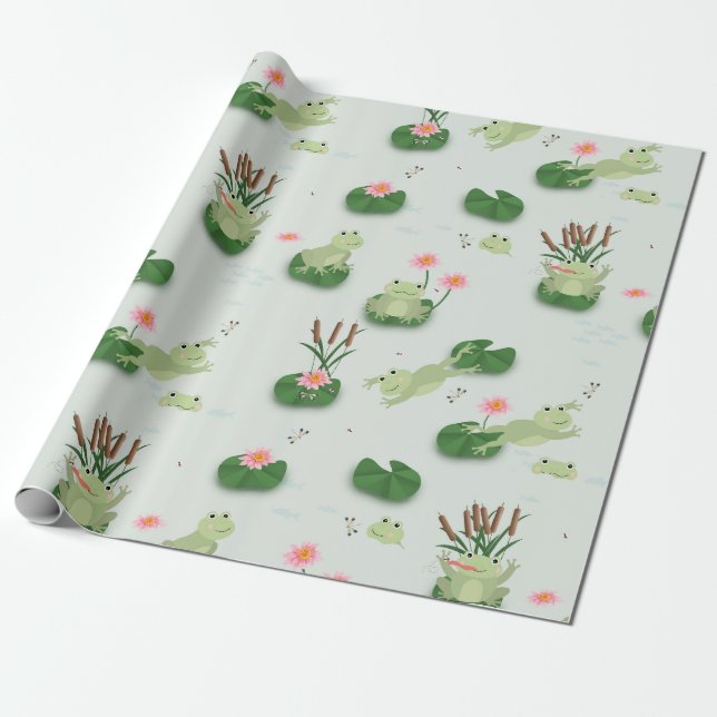Cute Frogs in Lily Pond Wrapping Paper (Unrolled)
