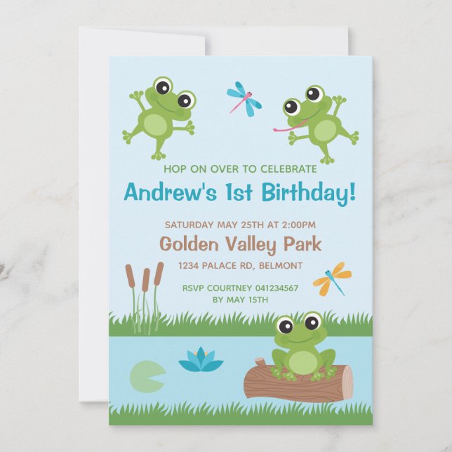 Cute Frogs in Pond Customizable Invitation (Front)