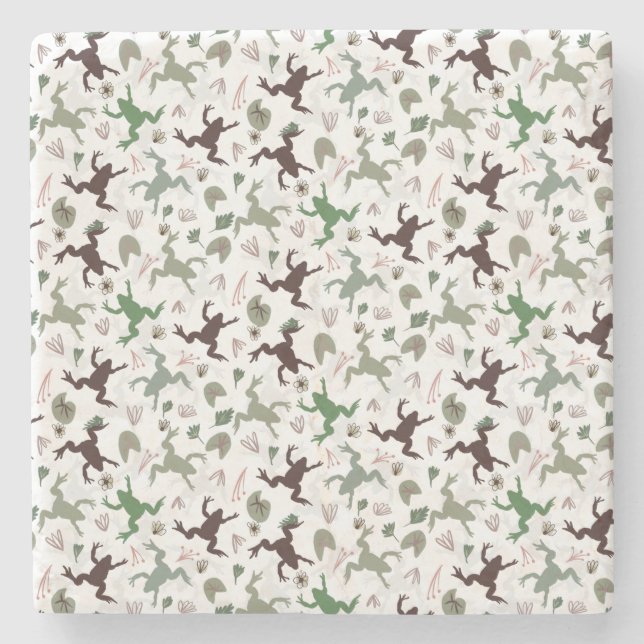 Cute Frogs Nature Floral Pattern Stone Coaster (Front)
