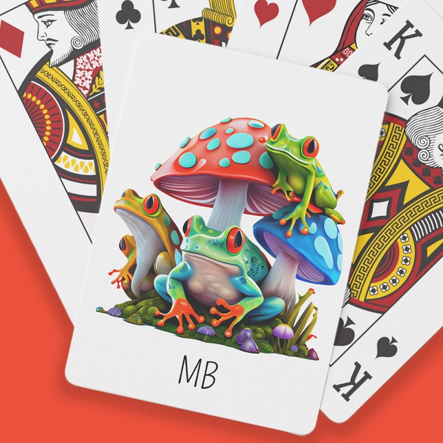 Cute Frogs Red Blue Mushrooms Monogram  Playing Cards (Cute frogs and colorful mushrooms/toadstools playing cards customized with your monogram/initials)
