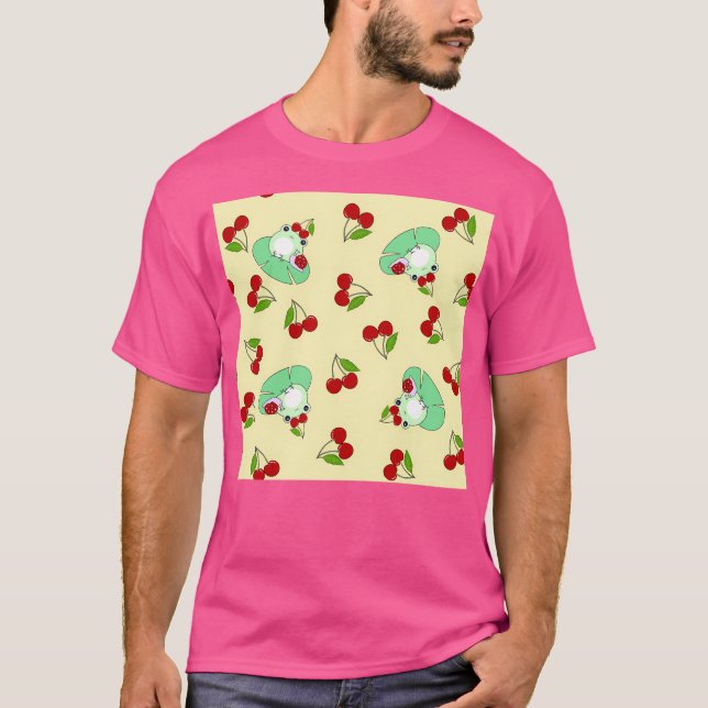 Cute Frogs Snails And Cherries On Lemon Yellow T-Shirt (Front)