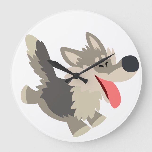 Cute Frolicsome Cartoon Wolf Wall Clock (Front)