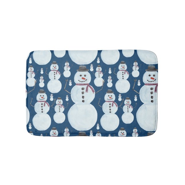 Cute Frosty Blue Snowman Watercolor Pattern Bath Mat (Front)