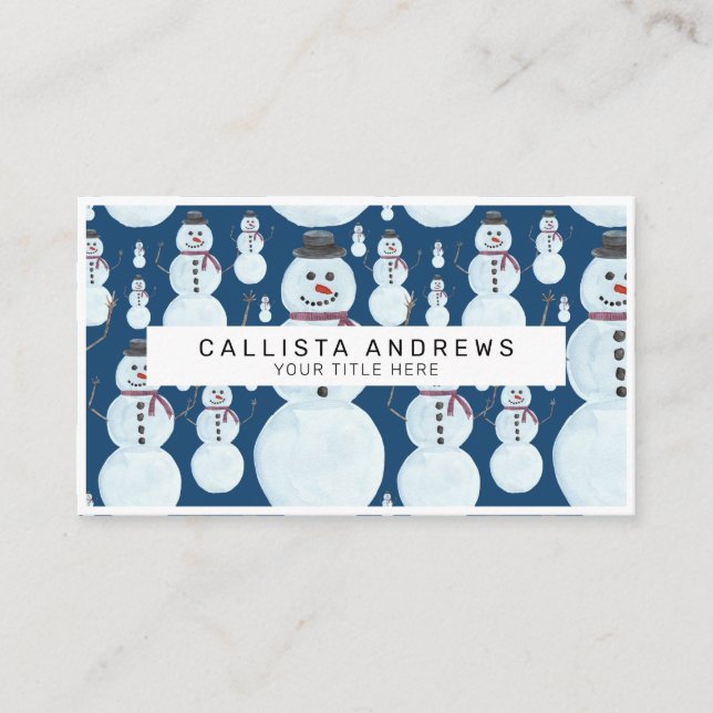 Cute Frosty Blue Snowman Watercolor Pattern Business Card (Front)