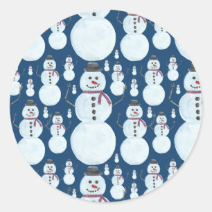 Cute Frosty Blue Snowman Watercolor Pattern Classic Round Sticker