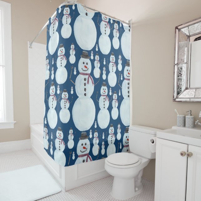 Cute Frosty Blue Snowman Watercolor Pattern Shower Curtain (In Situ)