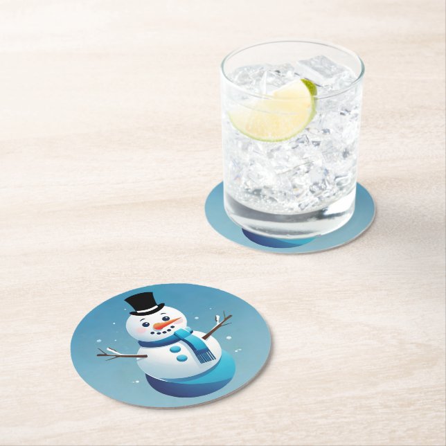 Cute Frosty Snowman Illustration Paper Coaster (Insitu)
