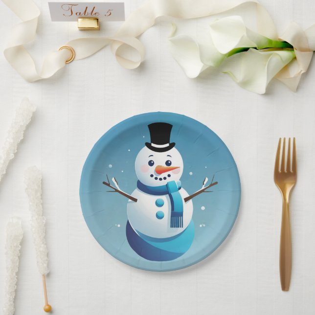 Cute Frosty Snowman Illustration Paper Plate (Wedding)