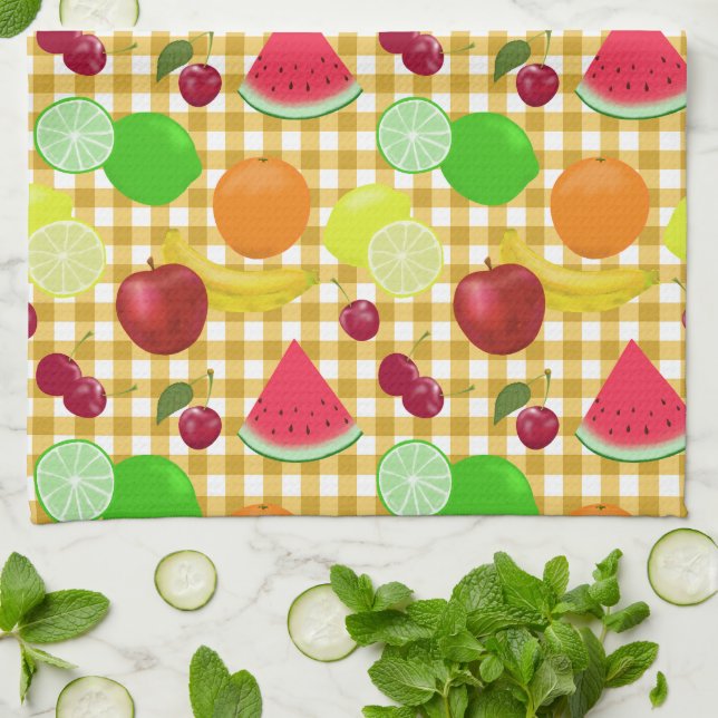 Cute Fruit and Gold Gingham Checks Tea Towel (Folded)